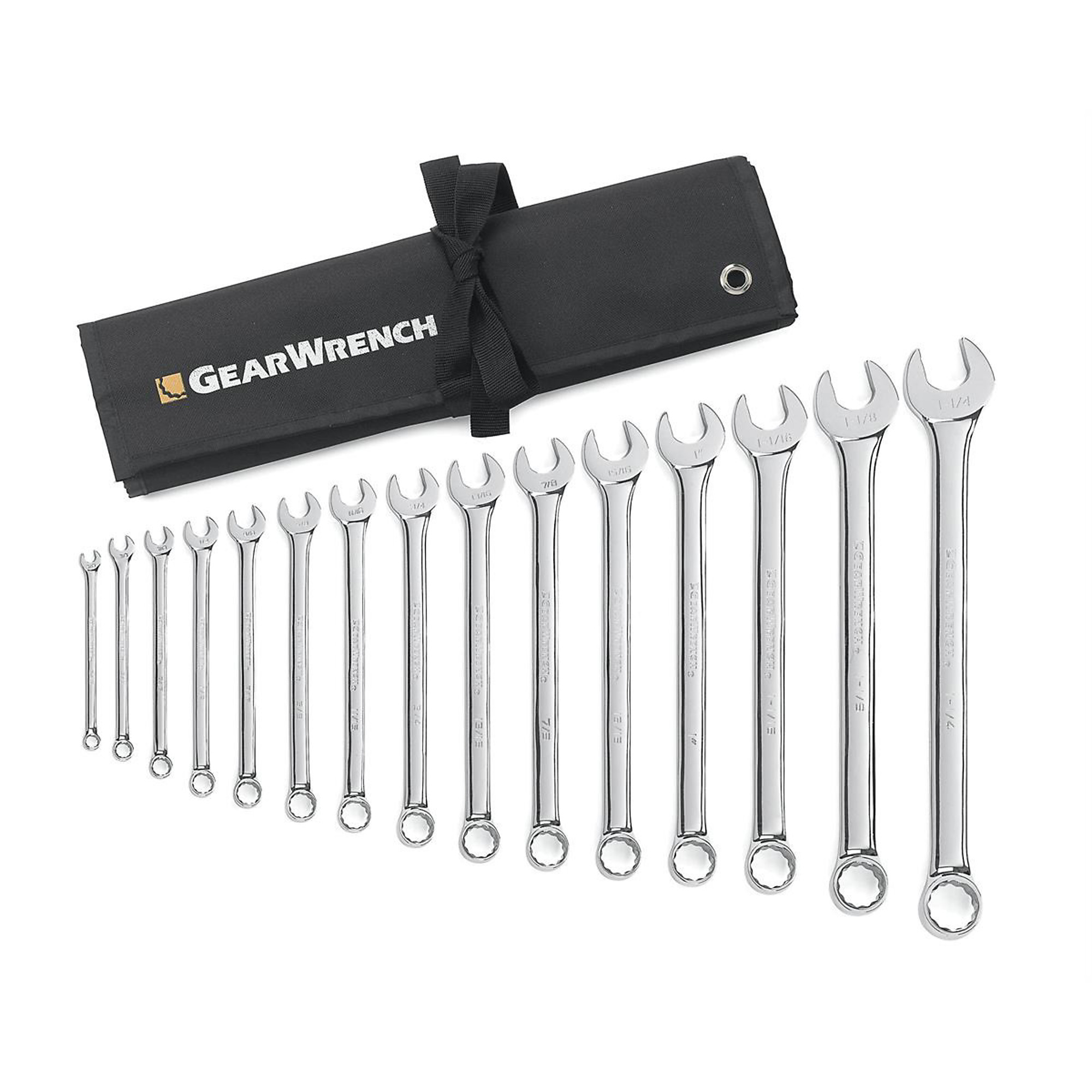 GearWrench 15-Piece Long Pattern Combination SAE Wrench Set — 12-Point, Alloy Steel, Tool Roll Included, Model# KDT81918